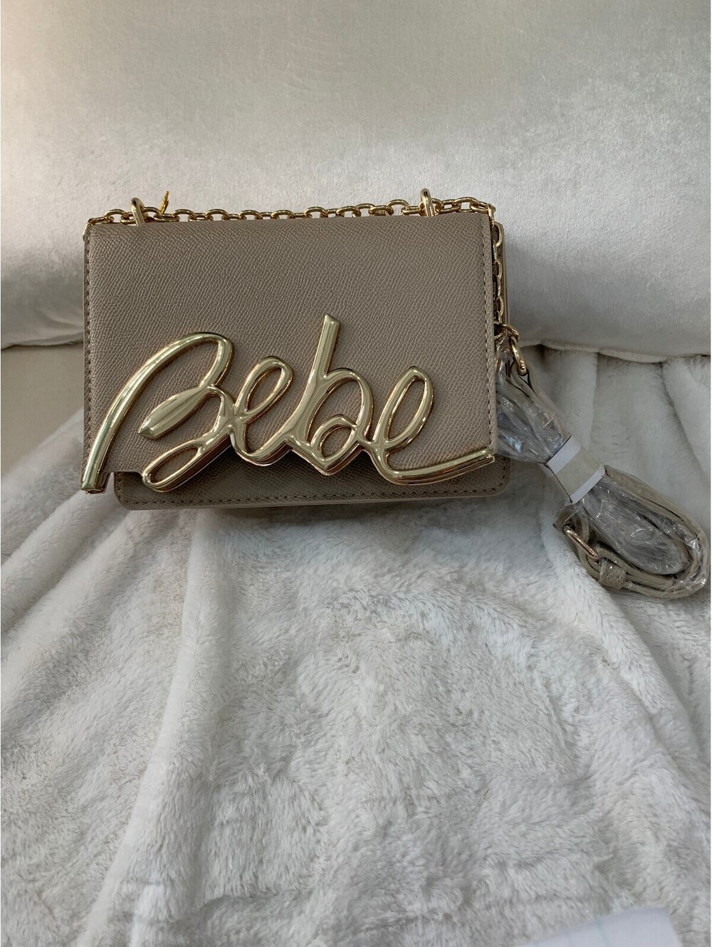 bebe Taupe Crossbody Bag with Gold Logo and Chain Strap